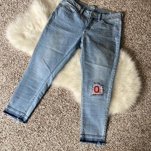 ana Unique  5 Pocket Light-wash Skinny Ankle Distressed Hem  OSU Decal Jeans Sz8
